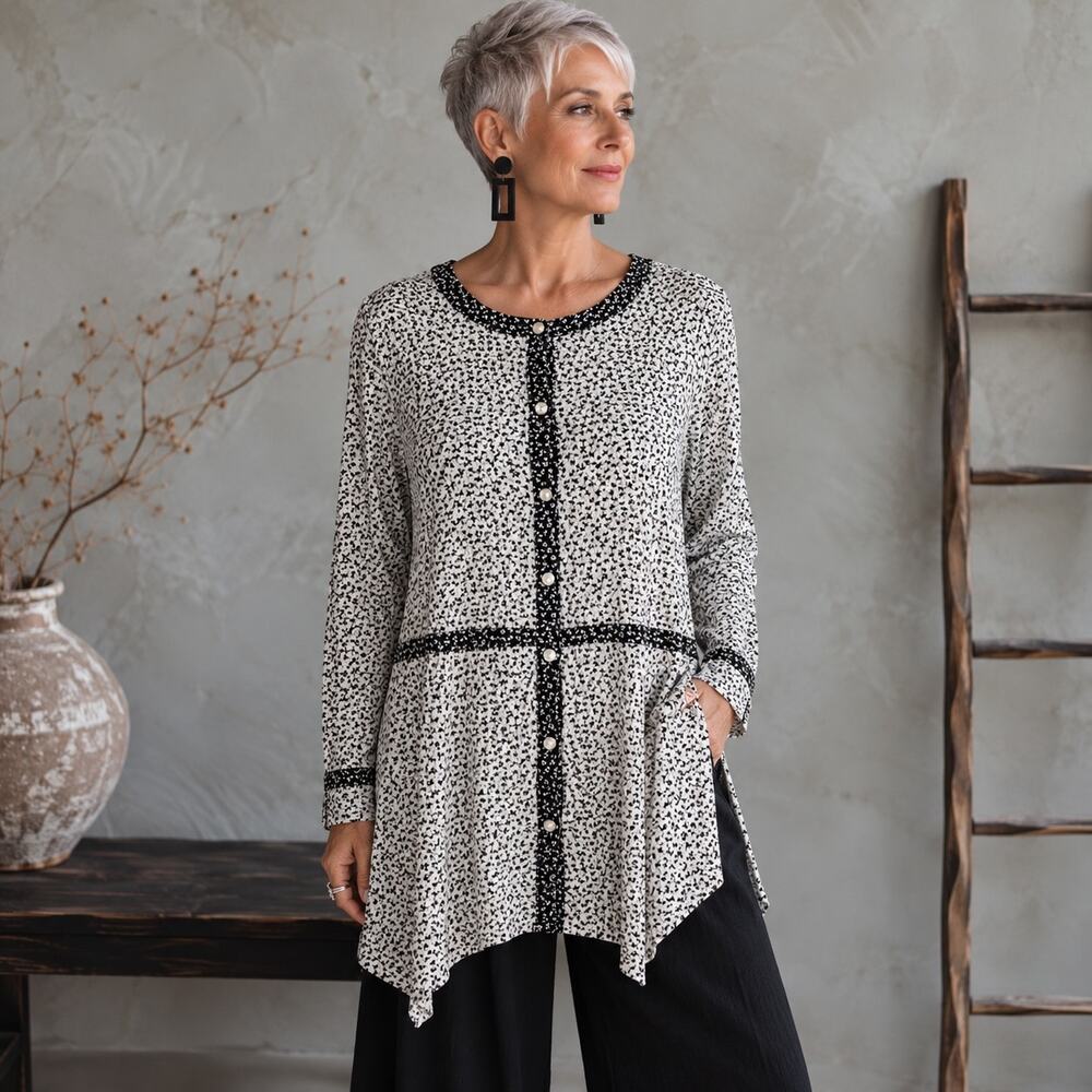 J Jill Black & White Ditsy Floral Button Front Long Sleeve Top Small